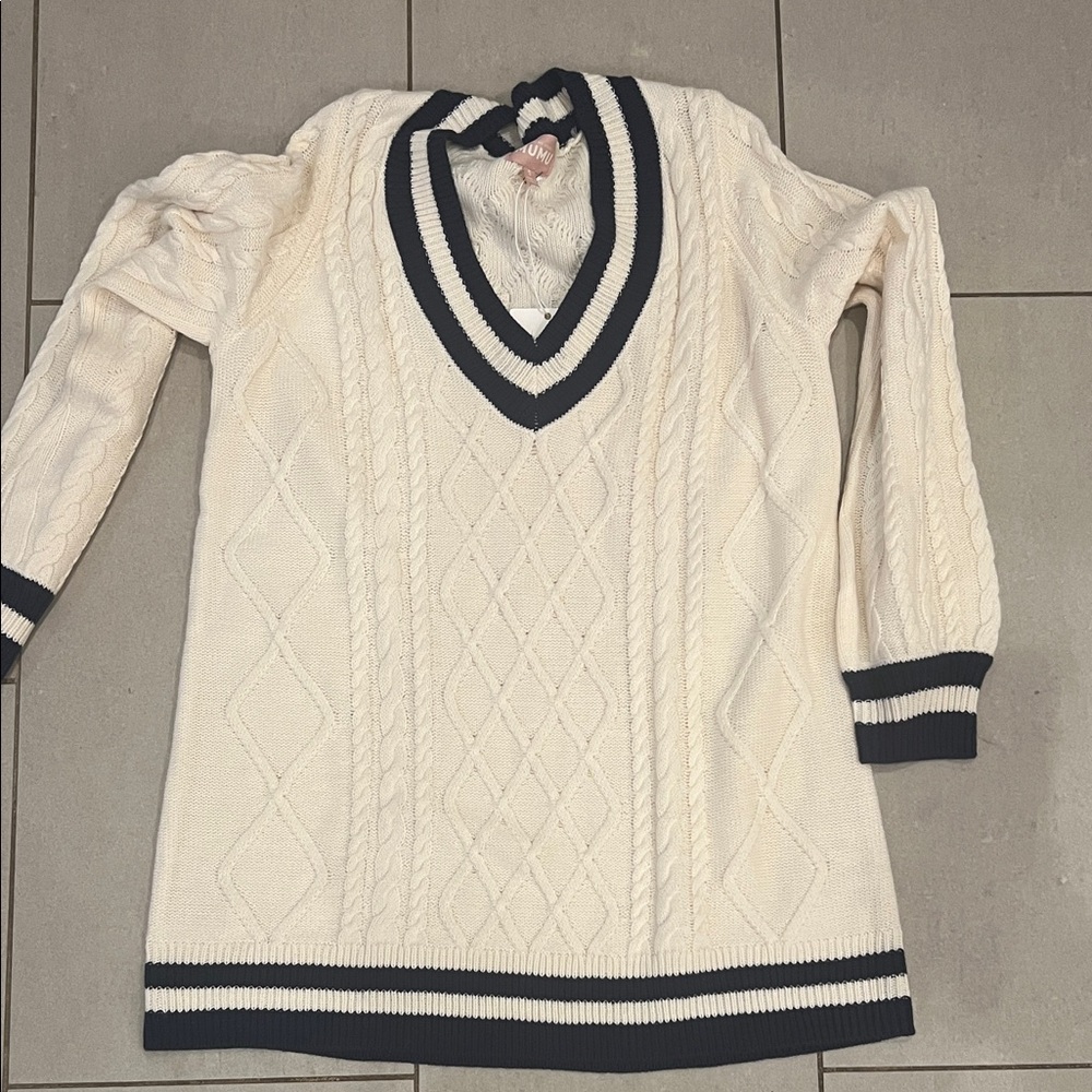 Elegant Cream Sweater with Navy Accents